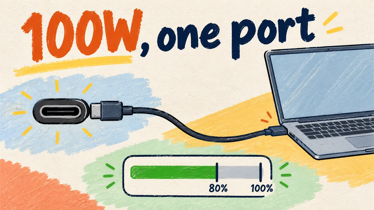 A drawn USB-C port connects by one cable to a generic laptop above an 80% to 100% battery-limit gauge, beneath the words 100W, one port.