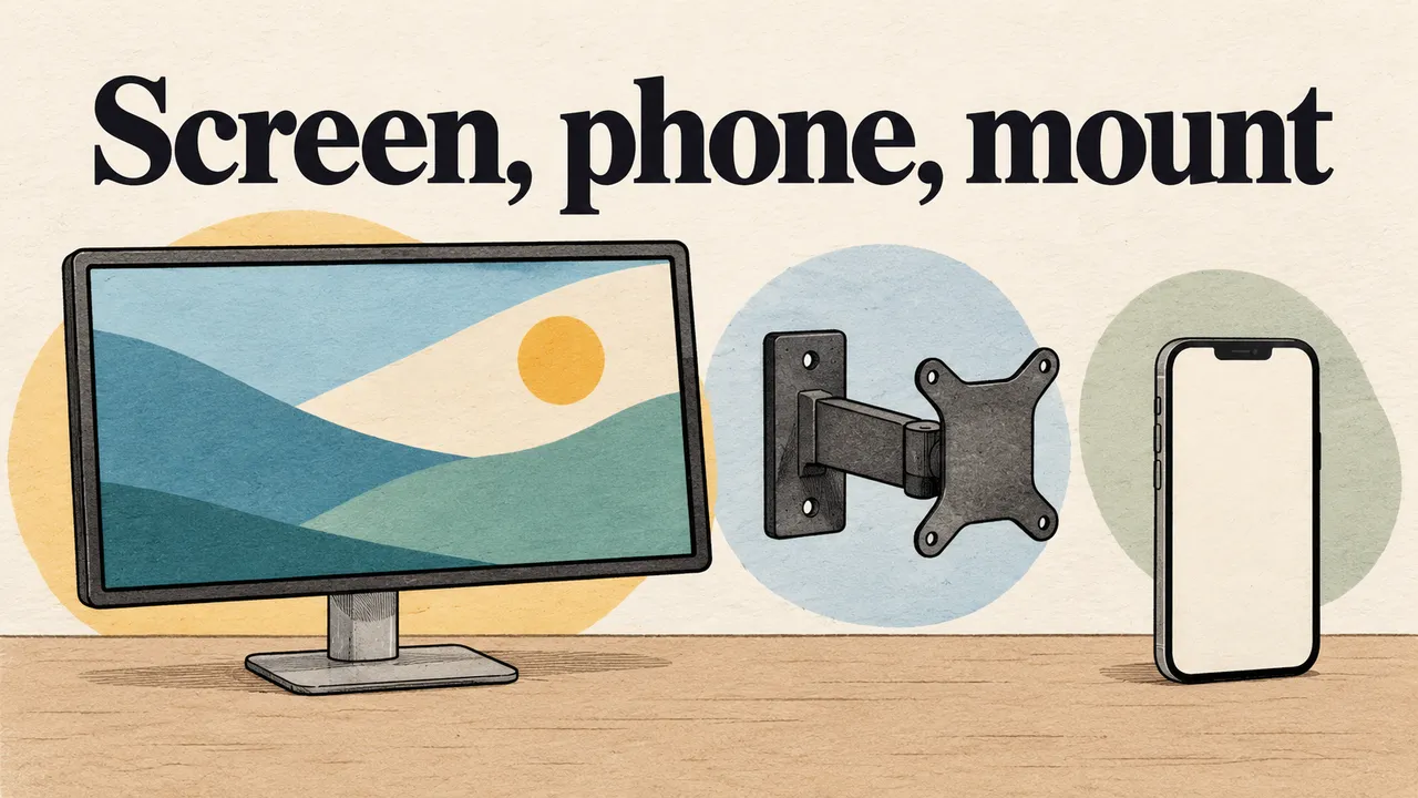 A flat drawn display, detached wall bracket and blank phone stand separately beneath the words Screen, phone, mount.