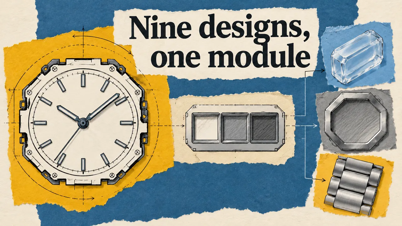 A drawn generic watch, three shaded blank windows and resin, bezel and bracelet material symbols surround Nine designs, one module; the windows contain no digits.