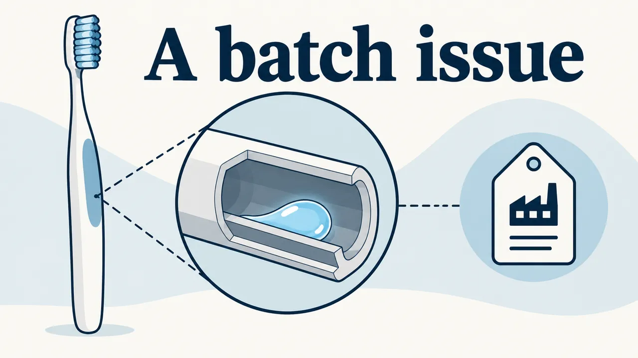 A drawn generic toothbrush connects to an enlarged tube cross-section with a water droplet and a factory batch tag beneath A batch issue.