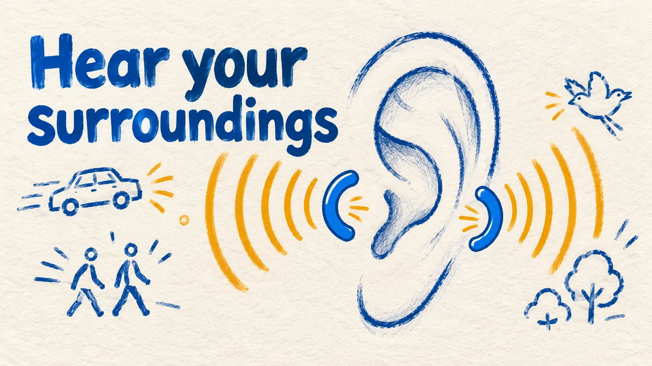 A drawn ear outline sits between two curved audio symbols and sound waves, surrounded by a car, walking people, a bird and trees beneath Hear your surroundings.