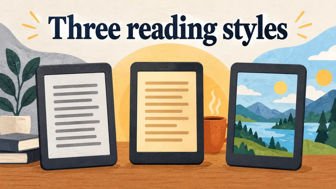 Three flat drawn generic readers show monochrome lines, warm-light lines and a colored landscape beneath Three reading styles, with books and a cup nearby.