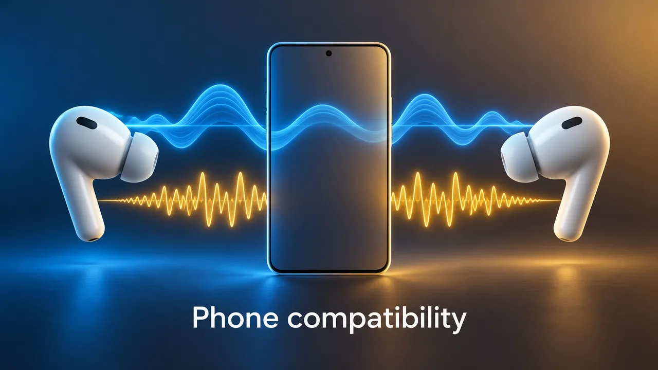Two generic wireless earbuds shown with separate low and high audio bands and a phone outline between them.