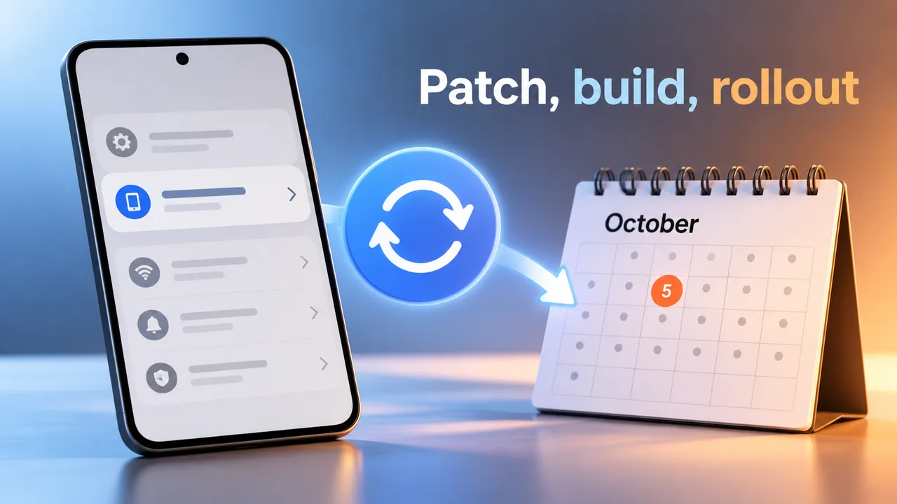 A generic phone settings screen points to an October calendar marked 5, illustrating a Pixel patch and rollout.