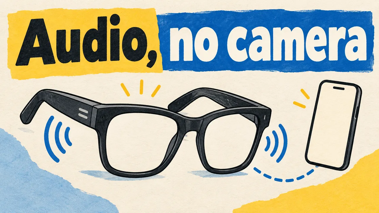 Drawn generic camera-free audio glasses and sound waves connect to a blank phone beneath Audio, no camera; there is no second comparison frame.