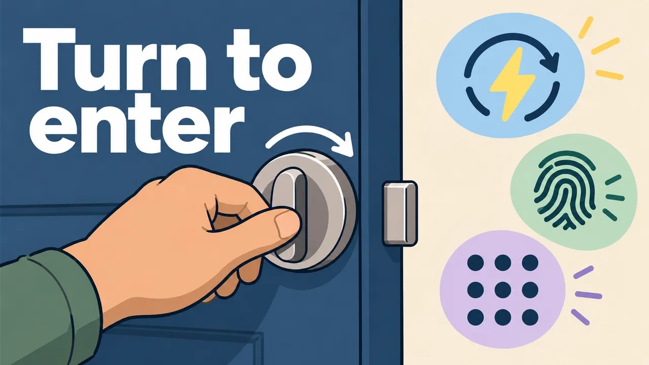 A drawn hand turns a generic door dial beside separate circular-arrow power, fingerprint and keypad-dot symbols under Turn to enter; no wall plug or battery charging is shown.