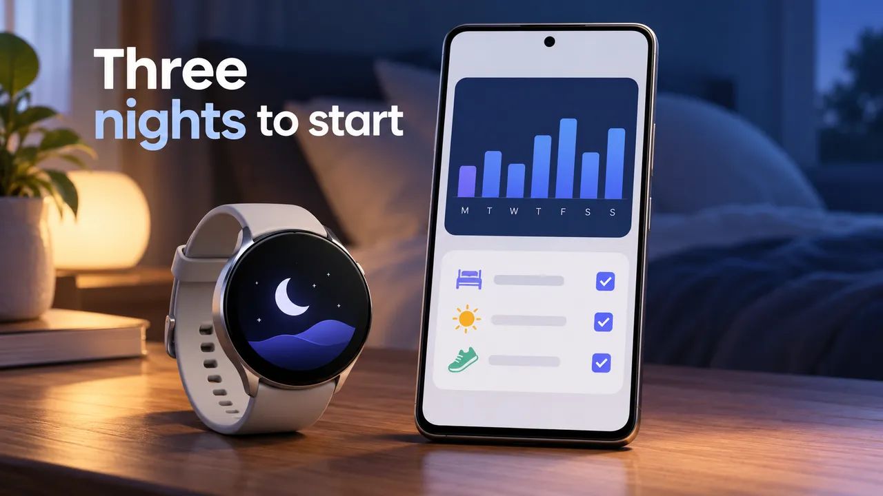 A generic watch beside a phone showing an abstract week of sleep bars and a short checklist.
