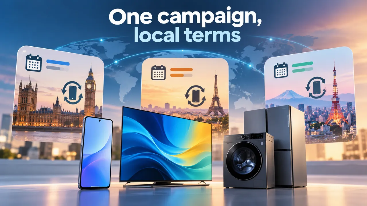 A generic smartphone, television, and home appliances below three city-themed regional offer cards marked with calendar and trade-in symbols.