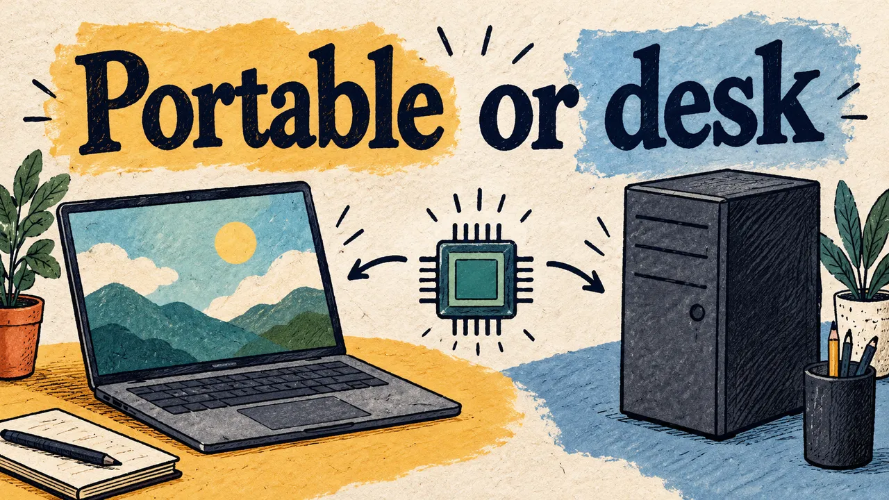 A drawn generic laptop and desktop tower flank a chip with two arrows beneath Portable or desk; no prices appear.