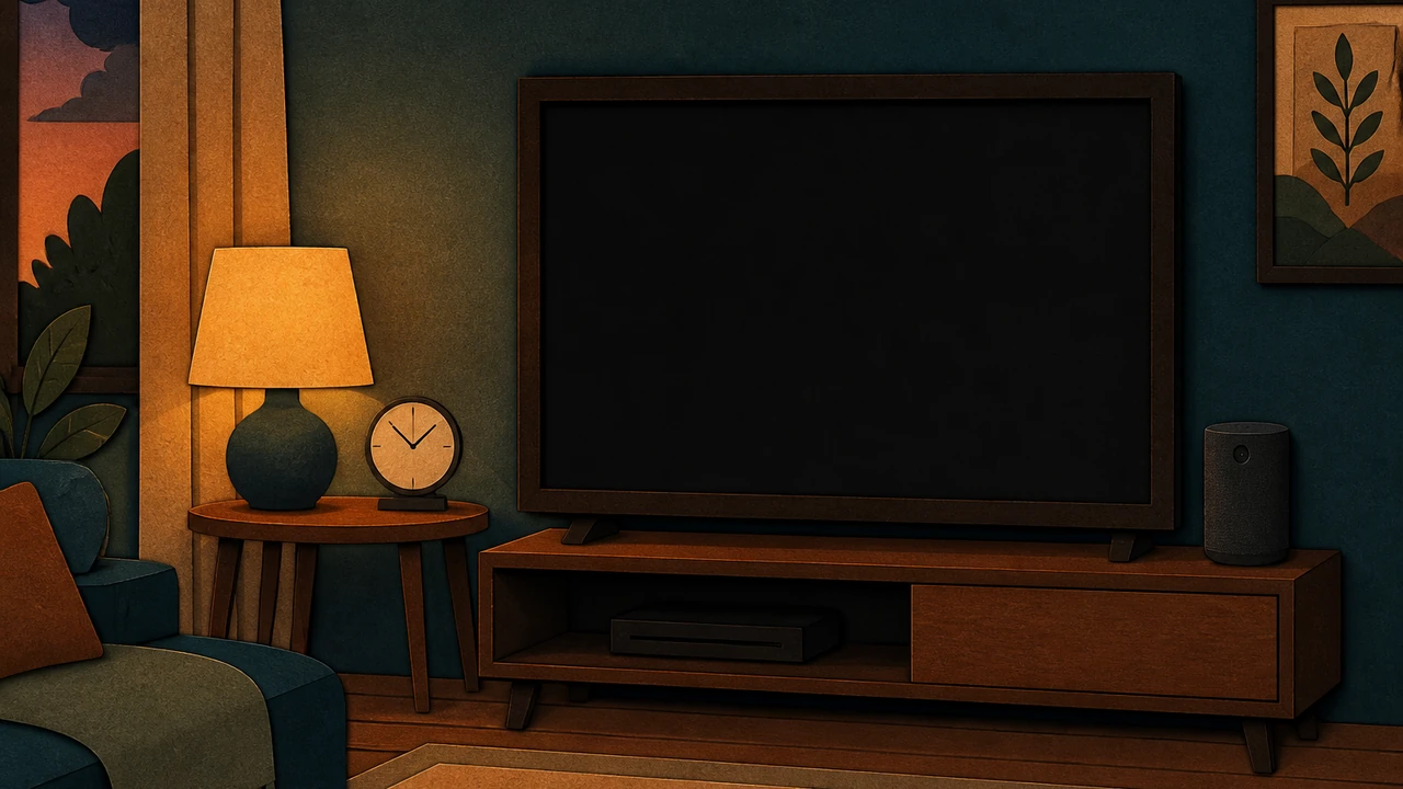 A drawn corner of a room with three generic devices: a large framed screen on a stand, a small bedside clock with a round display, and a cylindrical speaker with a tiny lens; flat paper shapes, no text or logos.