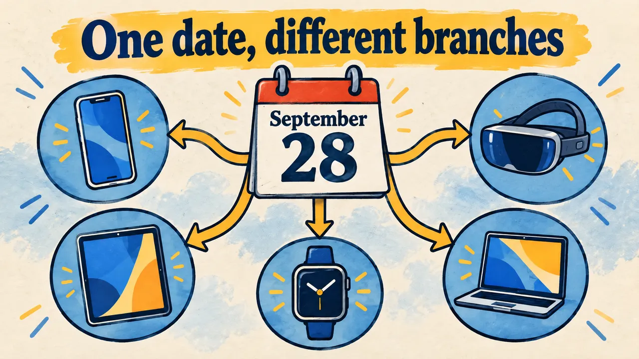 A drawn September 28 calendar branches toward generic phone, tablet, watch, a mixed-reality visor headset and laptop icons beneath One date, different branches; no version numbers appear.