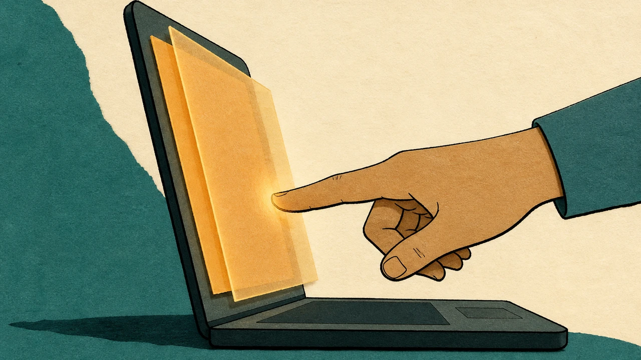 A drawn open laptop from the side, its screen a stack of two glowing amber layers, with a hand in a teal sleeve reaching from the right and one finger touching the glass; flat ink shapes on paper texture, no logo or lettering.