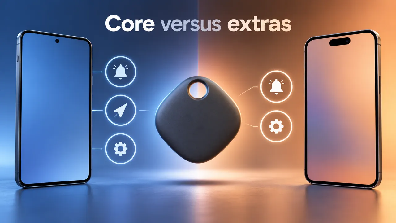 A generic tracking tag sits between a Galaxy-shaped phone outline and an iPhone-shaped phone outline, with different feature markers on each side.