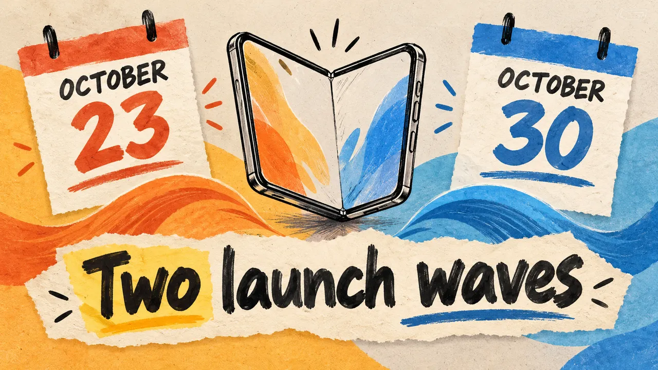 A hand-drawn generic folding phone sits between October 23 and October 30 calendar cards above the words Two launch waves.