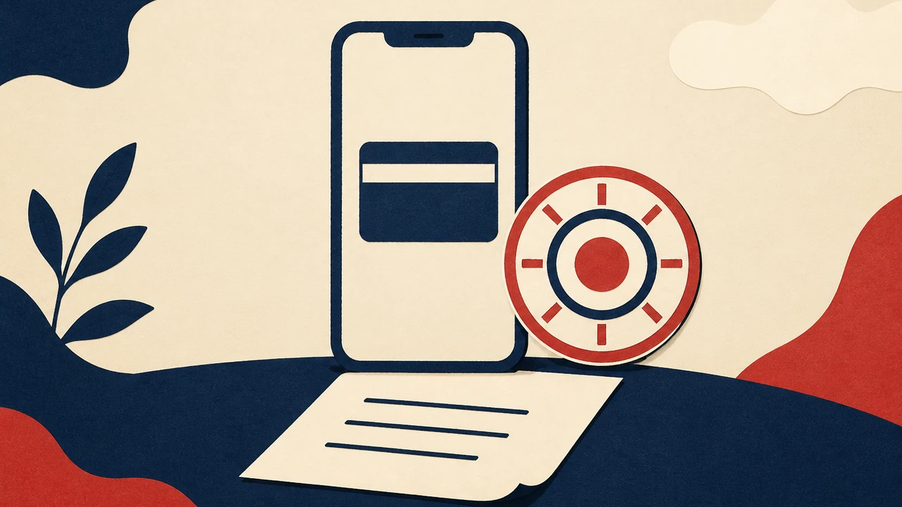 A drawn phone screen with a simple payment card and a regulator's stamp-like circle beside it, plus a short list of three document lines; flat paper shapes, no text, numbers or logos.