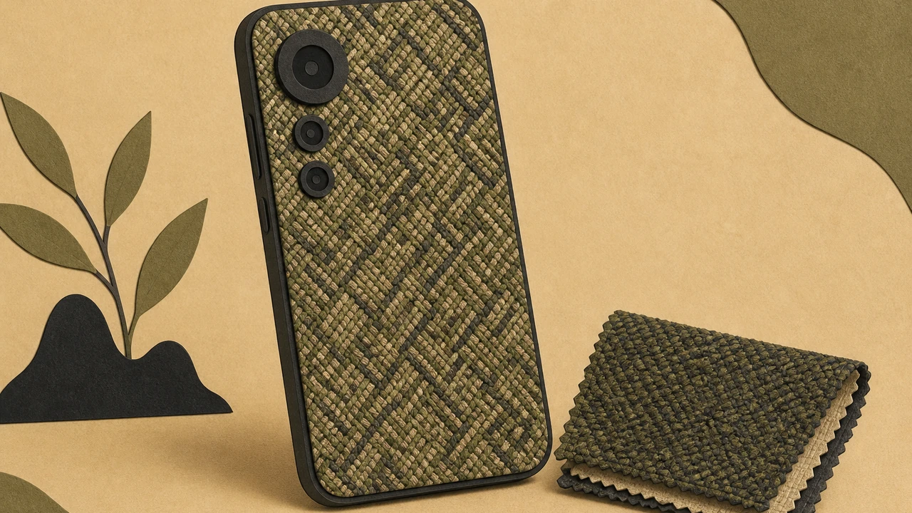 A drawn generic smartphone seen from the back at an angle, showing a woven textile texture and a large round camera lens; flat paper shapes, no text or brand marks.