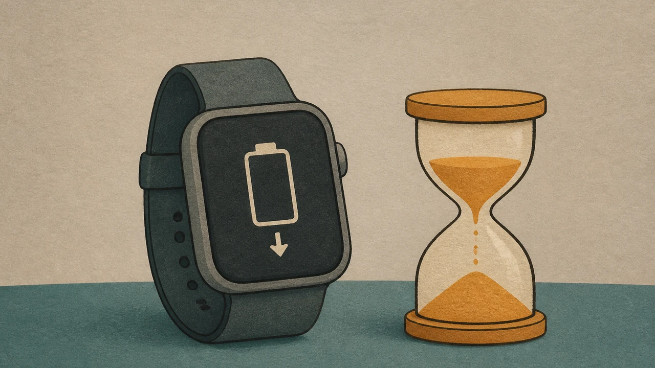 A drawn smartwatch with a low battery outline on its screen beside a small hourglass and a downward arrow; flat paper shapes, no text, numbers or logos.