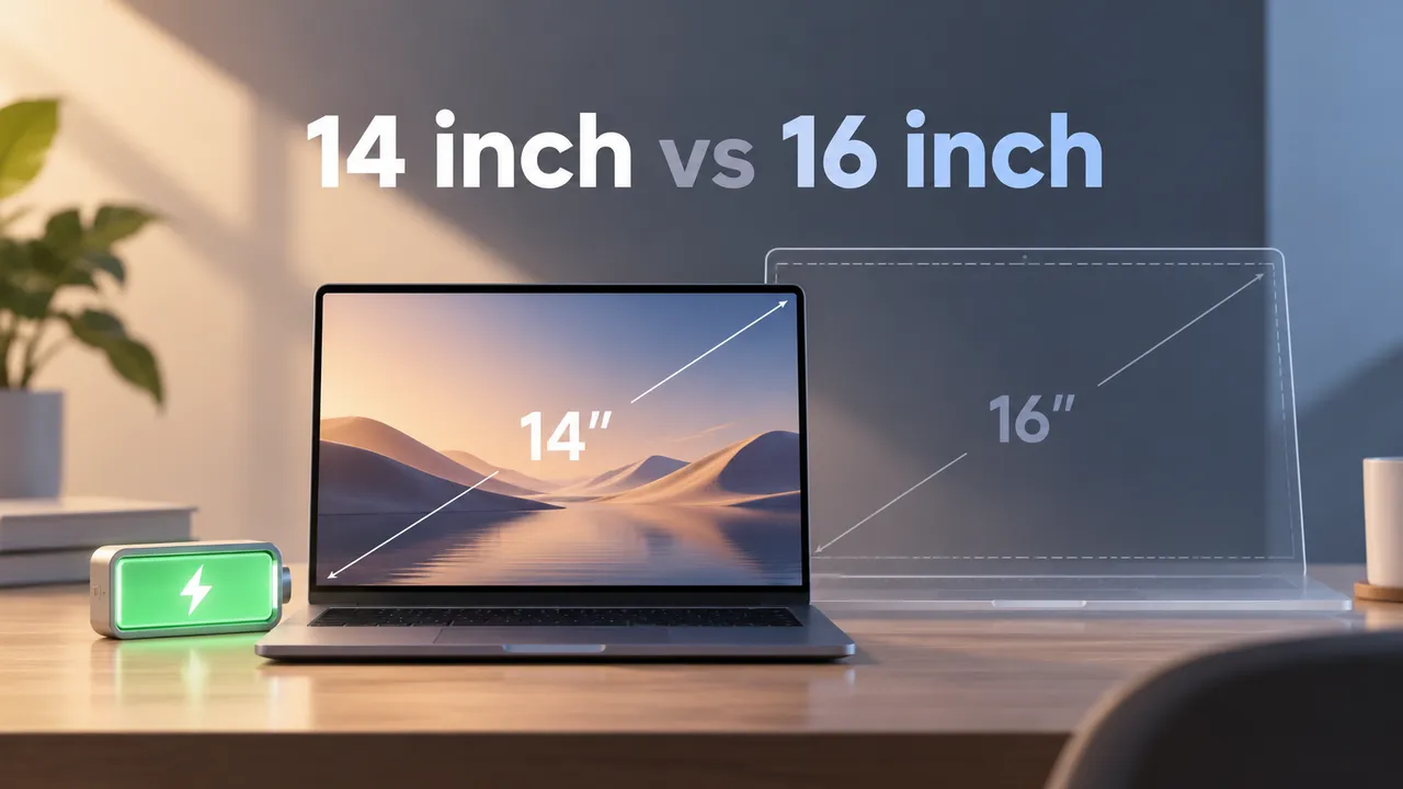 An editorial laptop silhouette with a 14-inch outline, a large battery symbol and a separate, unconfirmed 16-inch outline.