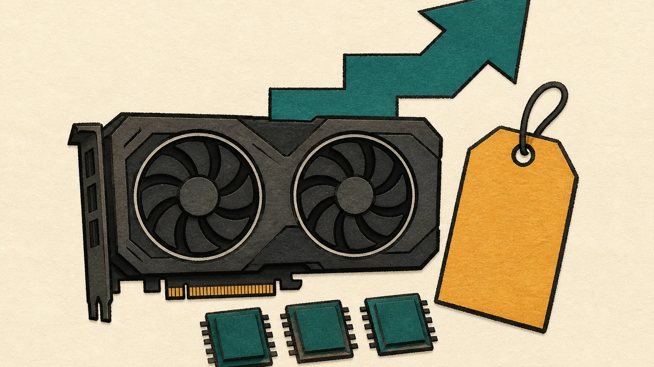 A drawn graphics card silhouette beside a price tag shape and three small memory chip squares, with a rising stair-step arrow; flat paper shapes, no text, numbers or logos.