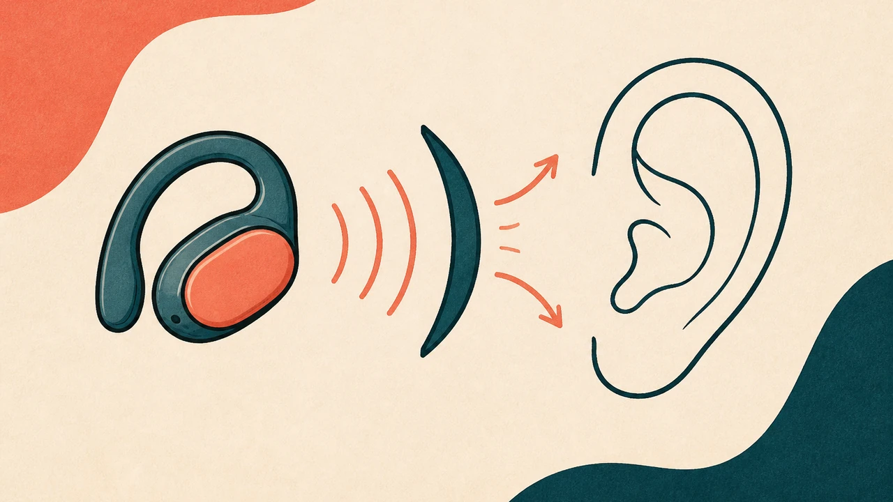 A drawn clip-shaped earbud floating beside a simple line-art ear outline, with short curved sound lines bending away from the ear; flat paper shapes, no text or logos.