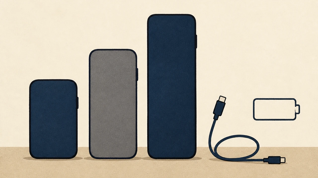 A drawn row of three generic phone shapes in different heights on a plain surface, with a simple charging cable and battery outline beside them; flat paper shapes, no text or brand marks.