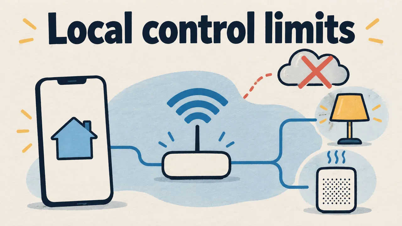 A drawn phone with a simple house symbol connects through a Wi-Fi hub to a lamp and purifier, with a separate crossed cloud beneath Local control limits; no app controls appear.