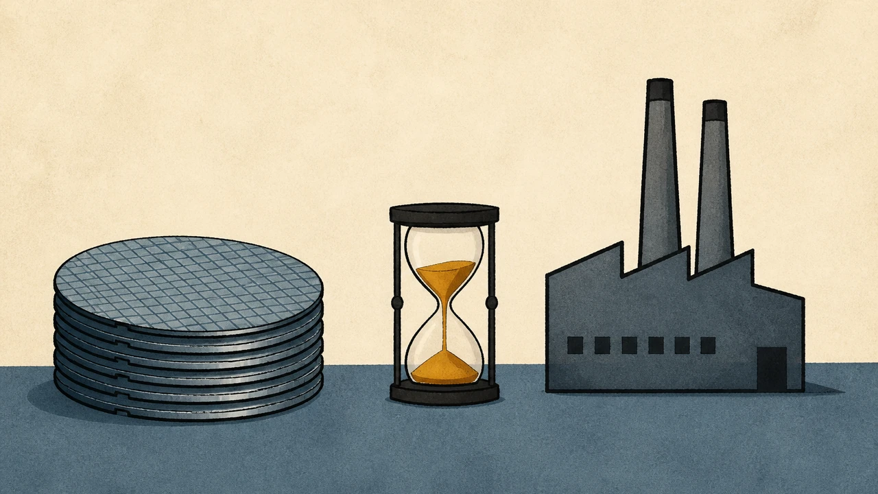 A drawn stack of thin silicon wafer discs rising beside a simple factory outline and a small hourglass; flat paper shapes, no text, numbers or logos.
