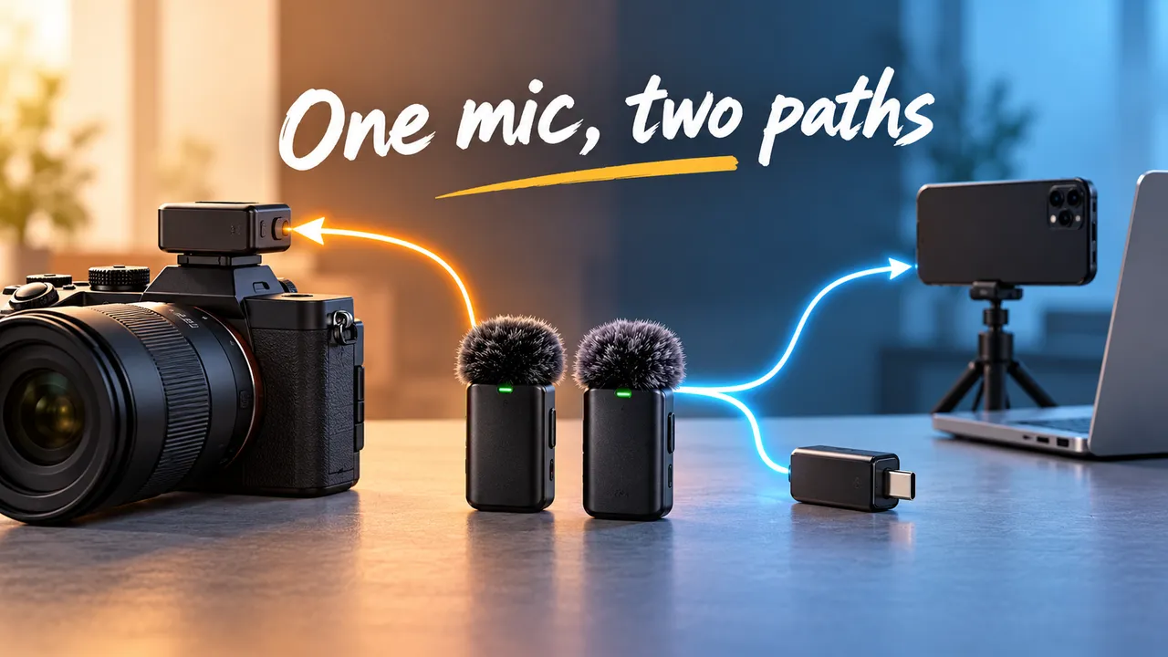 A generic two-transmitter wireless microphone kit beside a camera shoe and a USB-C adapter, with separate recording paths shown.