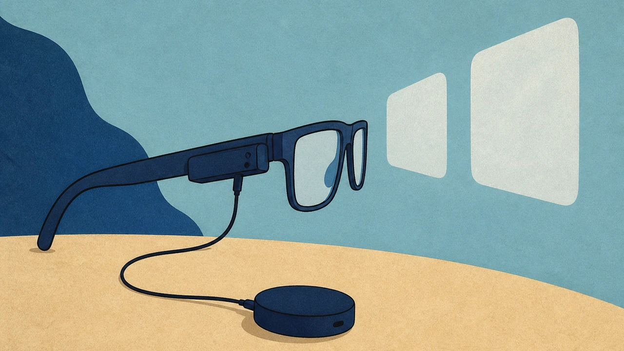 A drawn pair of generic glasses with a small cable running to a rounded puck device, and two translucent virtual window shapes floating in front of the lenses; flat paper shapes, no text or logos.
